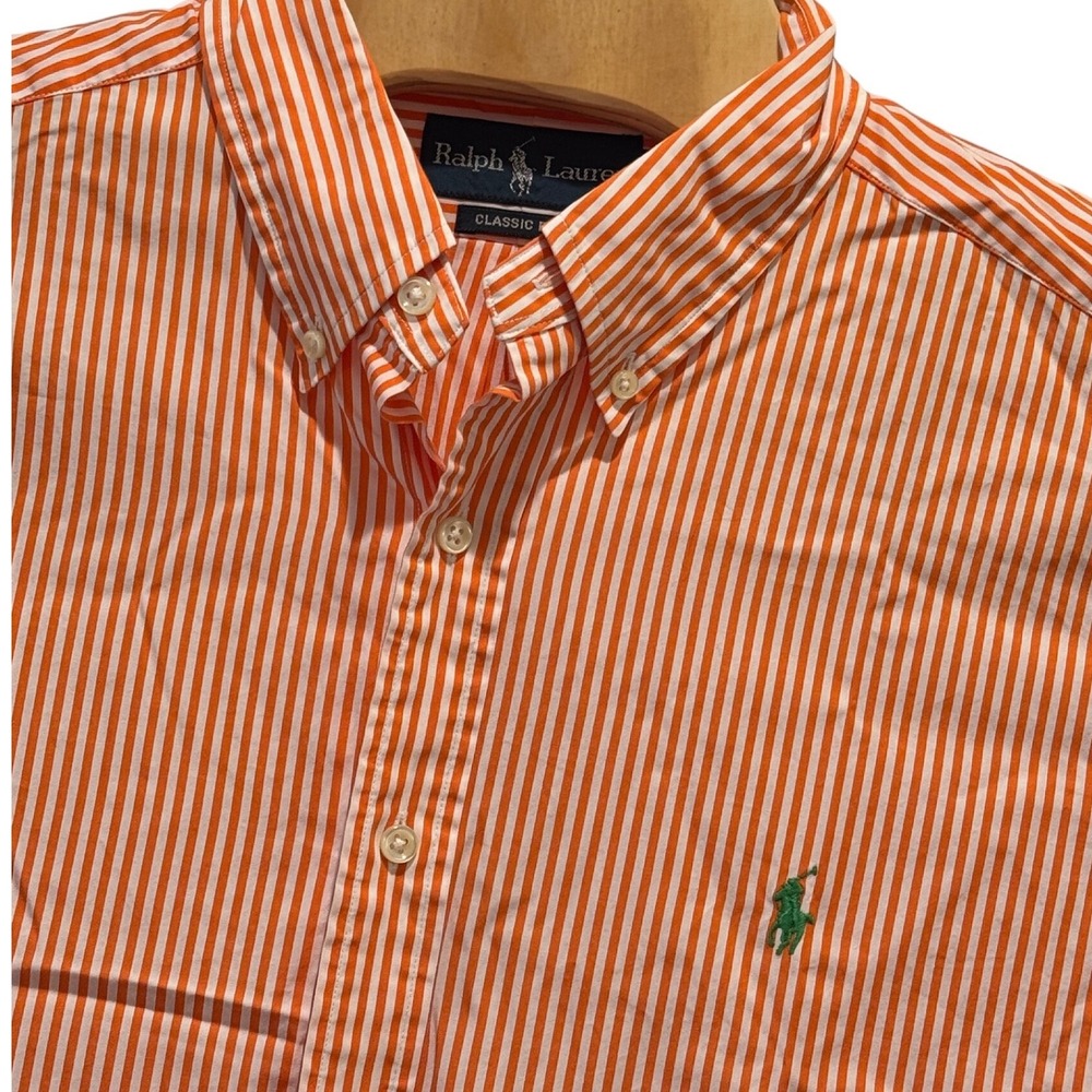 Ralph Lauren Button Down Shirt Mens XL Orange White Striped Classic Fit Preppy